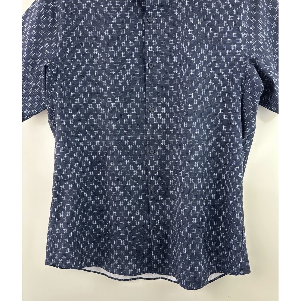 Lululemon Airing Easy Short Sleeve Buttondown IKat Check White Navy Shirt XL EUC - Picture 6 of 11